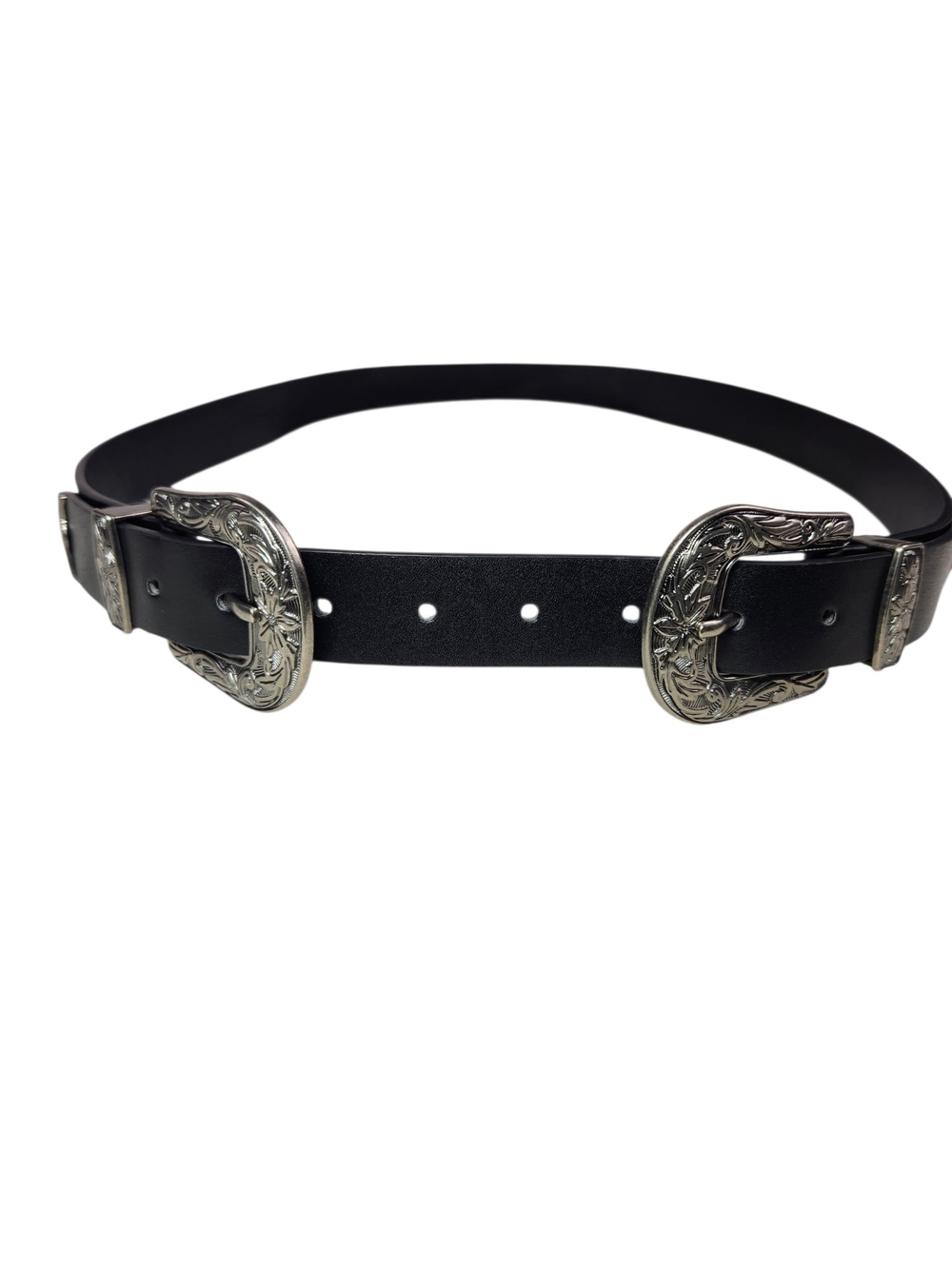 Black Double Buckle Western Belt Silver Floral Engraved Cowgirl Rodeo Boho
